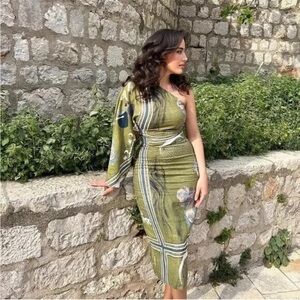 ZARA One-Shoulder Green Patterned Dress XS